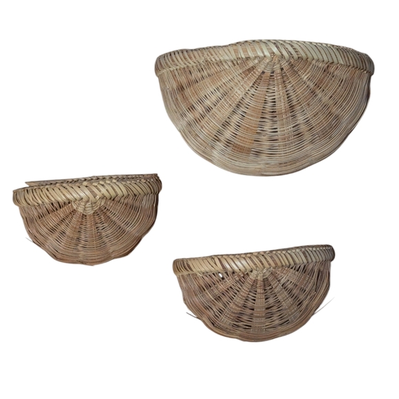 Woven Wicker Straw Baskets Wall Wooden Mount Set of Three Home Decor - Picture 2 of 11